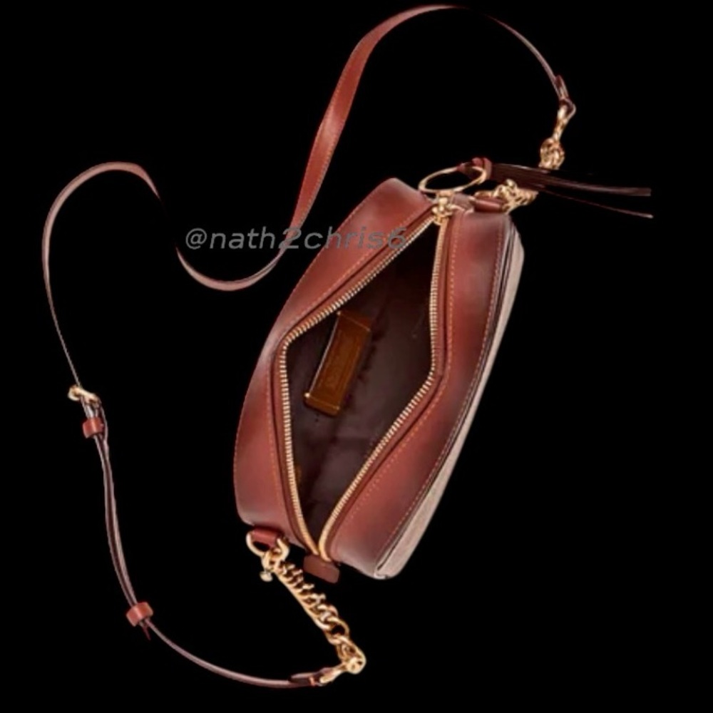 COACH Logo Print & Leather Camera Bag in Brown/Rust Burnished leather. - Picture 10 of 16